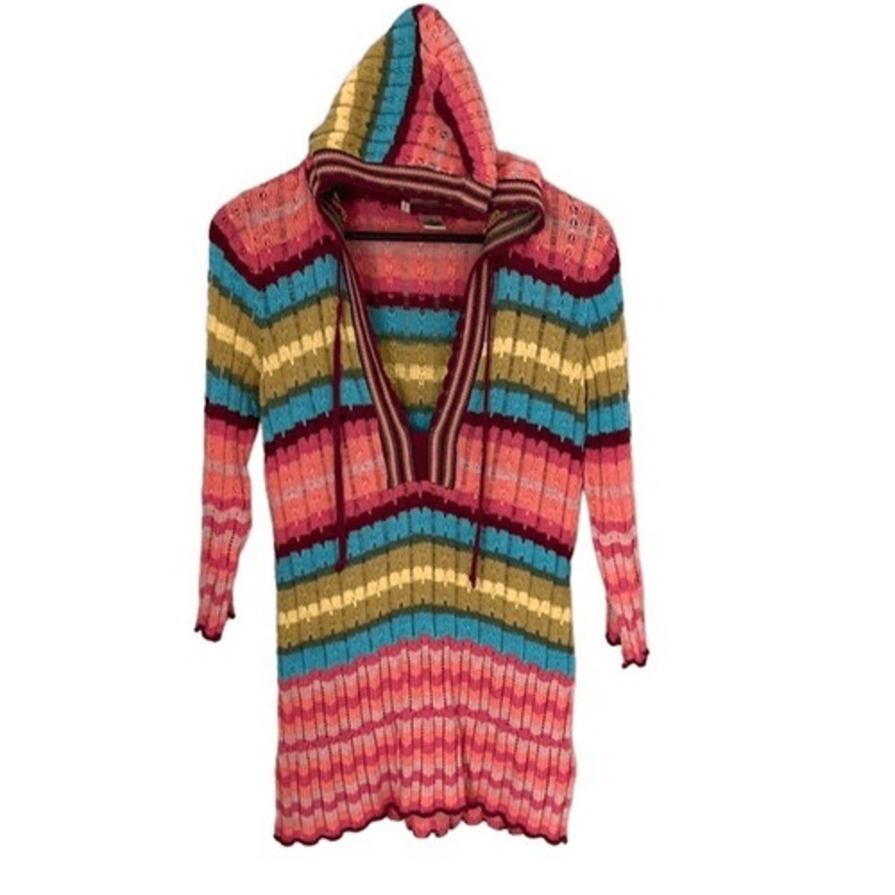 DKNY Jeans Womens Knitted Sweater Hooded 3/4 Sleeve Multicolor Cotton Medium